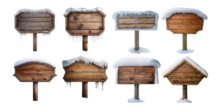 Winter Wooden Signboards with Snow and Ice Accumulation Effects