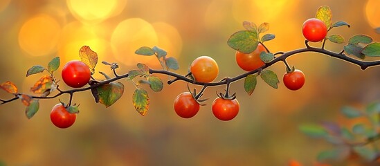 Autumnal Delight: A Branch of Ripe Tomatoes Bathed in Golden Sunlight