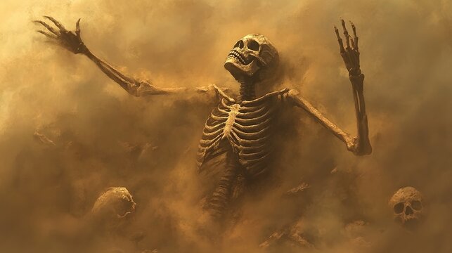  A skeleton rising from the ground, reaching out with its hands to help itself stand up.