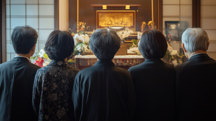 Obraz premium 焼香台の前で順番を待つ喪服姿の日本人遺族