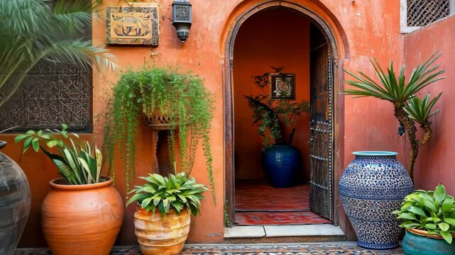 Colorful entrance of a Moroccan courtyard with vibrant plants and traditional pottery