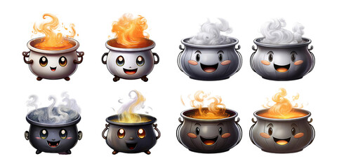 Cute Cartoon Cauldrons with Flames and Smoke in Various Colors
