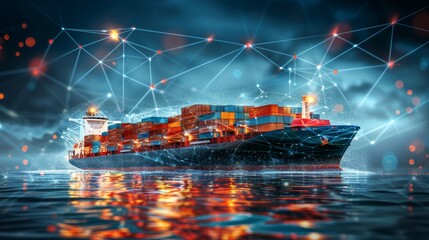 Cargo ship on digital network background symbolizing global trade and shipping logistics