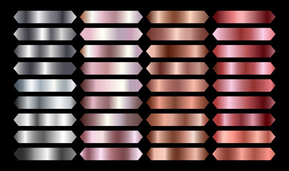 Collection foil. Set of metal gradients, gold, bronze, copper, silver, white gold, rose gold. Palette. Aluminum. Luxury effect. Background. Ribbon. Gradation. Texture chrome. Trendy frame