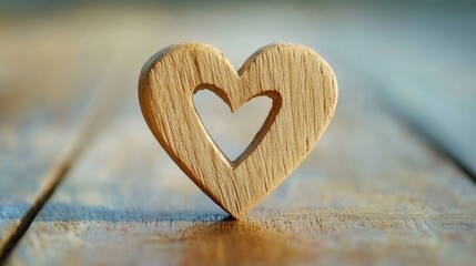 Fototapeta premium A beautifully carved wooden heart with a cut-out center rests on a rustic wood surface, conveying a warm thank you message during the chilly winter months