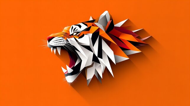 Geometric tiger design. Fierce, polygonal art in vibrant orange and white.