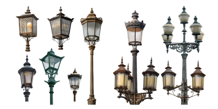 Various Vintage Street Lamps in Different Designs and Styles