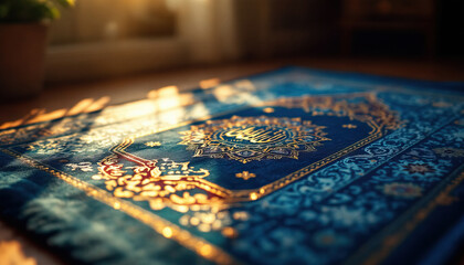 Naklejka premium Sunlit prayer rug with intricate designs capturing the spiritual essence of ramadan kareem in a warm setting