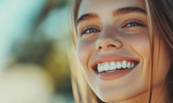 Beautiful female smile with white straight teeth. Dental Care. Bright Smile. Perfect Theeth.