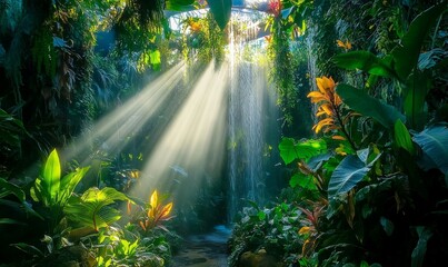 Beautiful rays of sunlight in a green forest