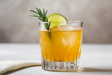 Fototapeta premium A refreshing cider cocktail featuring lime and a sprig of rosemary garnished elegantly. The drink is placed on a rustic table, capturing the warm glow of sunset light