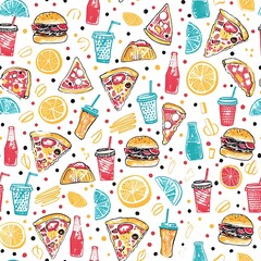 A Colorful Seamless Pattern of Fast Food and Citrus Fruits