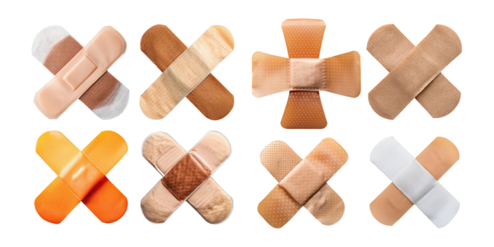 Various Adhesive Bandages on Transparent Background