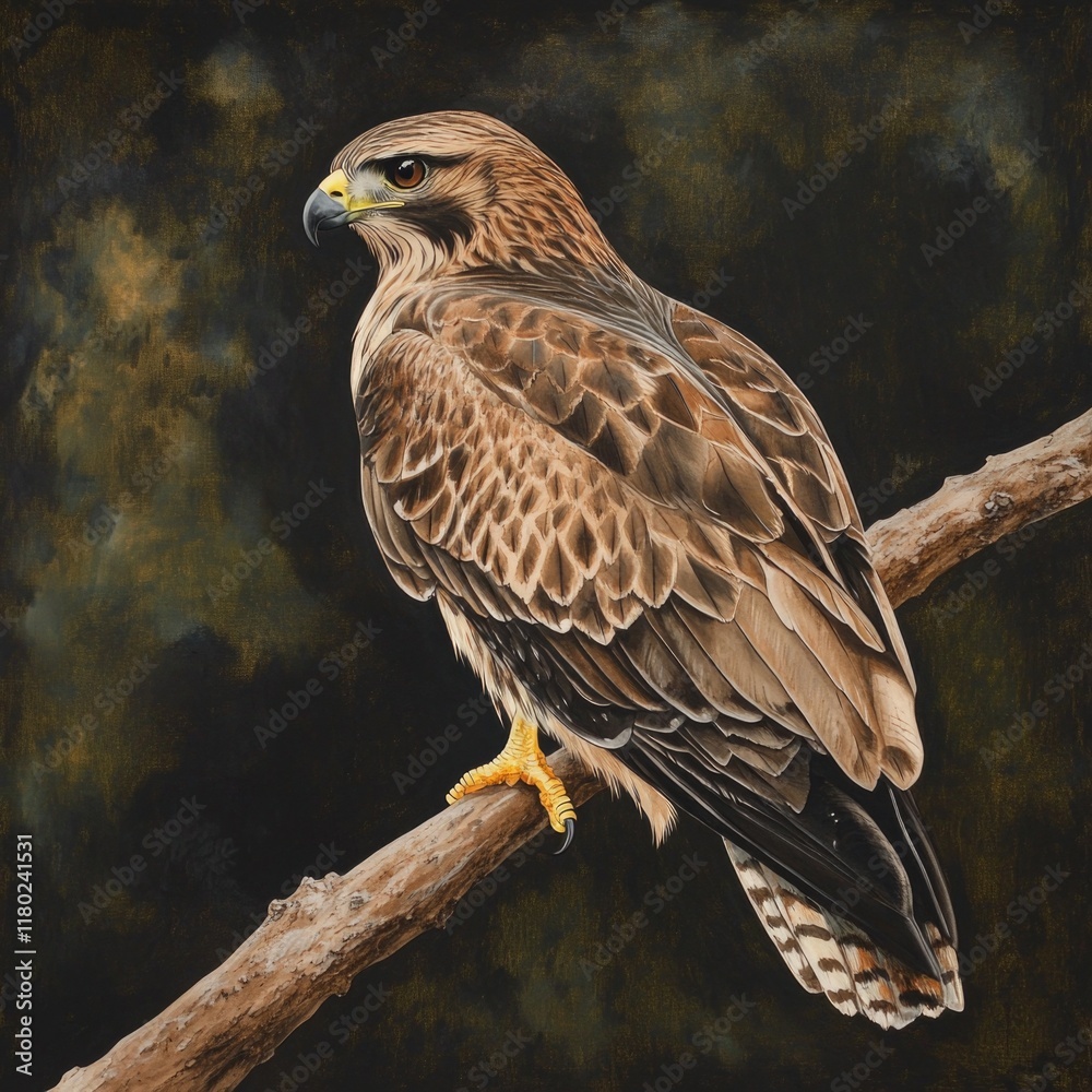 Poster a bird of prey sitting on a tree limb, ready to take flight