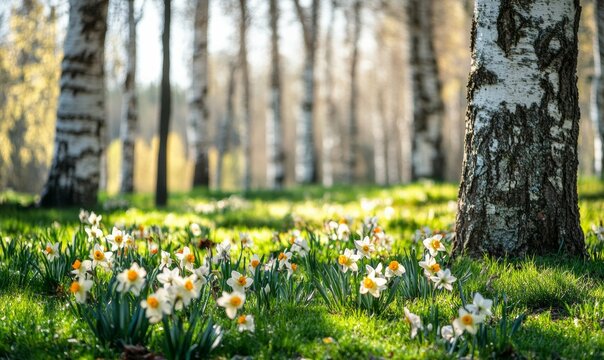 Beautiful spring time nature background. Scenic view with assorted daffodils and spring flowers scattered in the green grass between birch trees in sunligh
