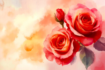 Obraz premium A painting of two red roses on a pink background