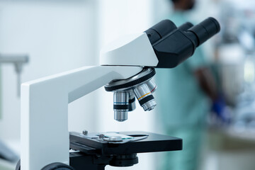Microscope and optical instruments in hospital lab for sample analysis and test