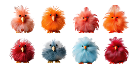 Colorful Fluffy Birds on Transparent Background