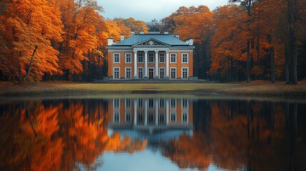 Obraz premium Elegant mansion reflected in a calm autumn lake