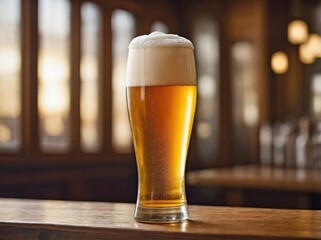 A tall, slender pilsner glass filled with golden, crystal-clear beer sits on a polished wooden table.