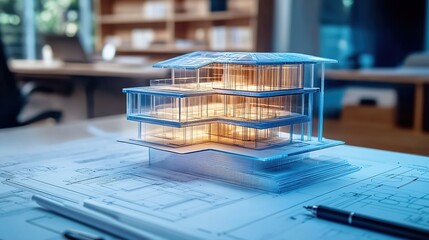 A holographic projection of an architectural model on top of blueprints, set in the office environment of interior designers. 