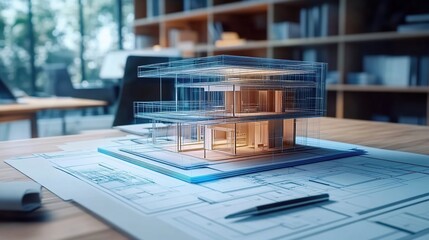 A holographic projection of an architectural model on top of blueprints, set in the office environment of interior designers. 