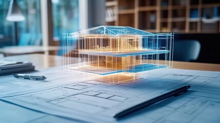 A holographic projection of an architectural model on top of blueprints, set in the office environment of interior designers. 