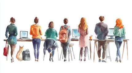 スタンディングデスクで作業する男女の後ろ姿イラスト