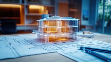 A holographic projection of an architectural model on top of blueprints, set in the office environment of interior designers. 