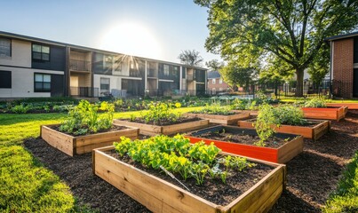 A vibrant community vegetable garden with neatly arranged boxes and growing herbs, indicating urban farming and sustainability initiatives.