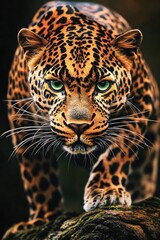 Obraz premium Close-up shot of a leopard sitting on a rock, with natural habitat in the background
