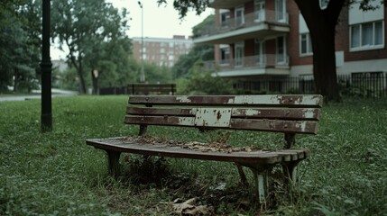 An abandoned park bench, weathered and worn, sits amidst greenery, evoking feelings of solitude and forgotten stories.