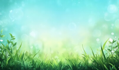 Fototapeta premium Beautiful sunny spring meadow with green grass and blue sky. Abstract background with light bokeh and space for text.