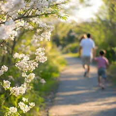 Obraz premium A family taking a nature walk along a scenic trail with blooming flowers.