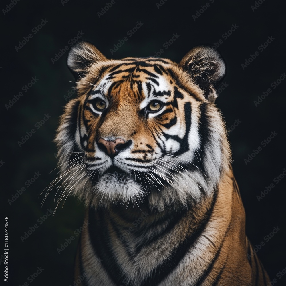 Poster a close-up view of a tiger's face on a black background
