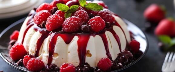 A beautifully arranged dessert showcases a rich mousse base adorned with vibrant raspberries and a glossy chocolate sauce. The indulgent treat is perfect for any celebratory occasion