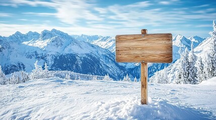 Naklejka premium A wooden sign on a snowy mountain with a beautiful winter landscape in the background.