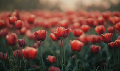 Beautiful tulips flower in floral field in spring