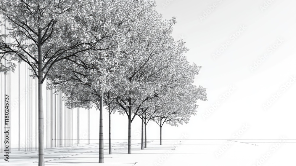 Poster a row of trees standing tall in front of a building, with green leaves and brown trunks