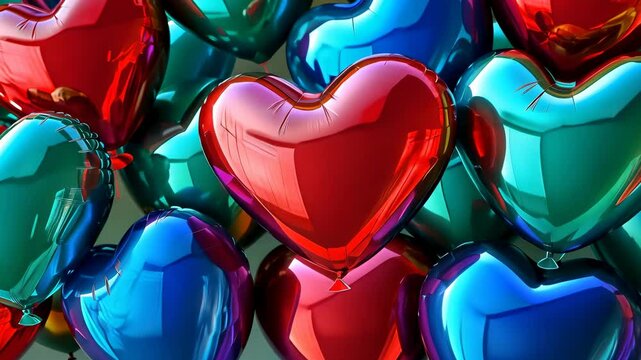 A vibrant display of multicolored, heart-shaped balloons tightly packed together, reflecting light and creating a cheerful mood. This scene conveys themes of love, celebration, and joy.