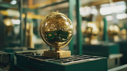 Golden globe on a production line in a modern factory setting.