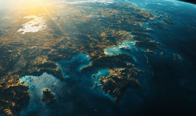Fototapeta premium Beautiful view of the Earth from space, with the sun shining brightly on the land and water. The colors are vibrant and the scene is peaceful