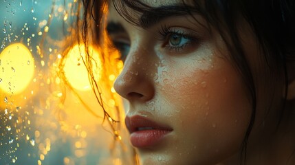 Woman gazing into warm glowing light
