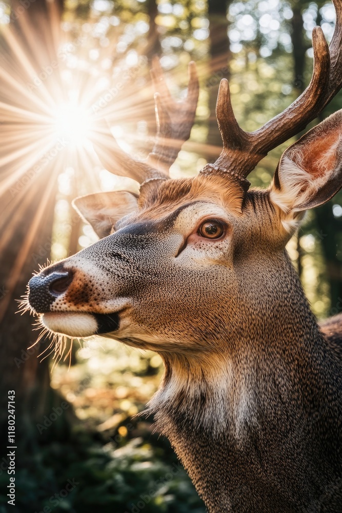 Poster close-up shot of a deer in a forest environment