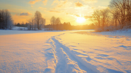 冬の夕日が描く雪原の道と長い影の静寂な景色