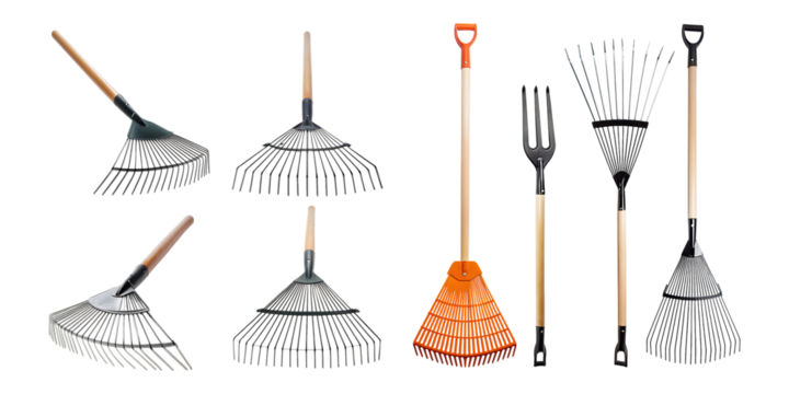 Assorted Garden Rakes and Tools on Transparent Background