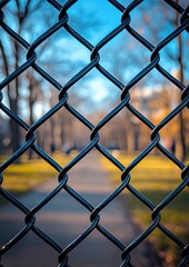 Fototapeta premium A close-up of a chain-link fence with a blurred park pathway and trees in the background.