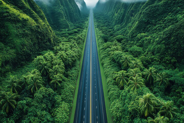 Straight highway through lush tropical rainforest