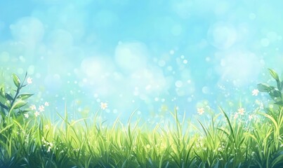 Obraz premium Beautiful sunny spring meadow with green grass and blue sky. Abstract background with light bokeh and space for text.