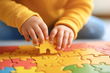 Child hands carefully fitting yellow puzzle piece into colorful jigsaw, highlighting cognitive learning and problem solving development during early childhood stages